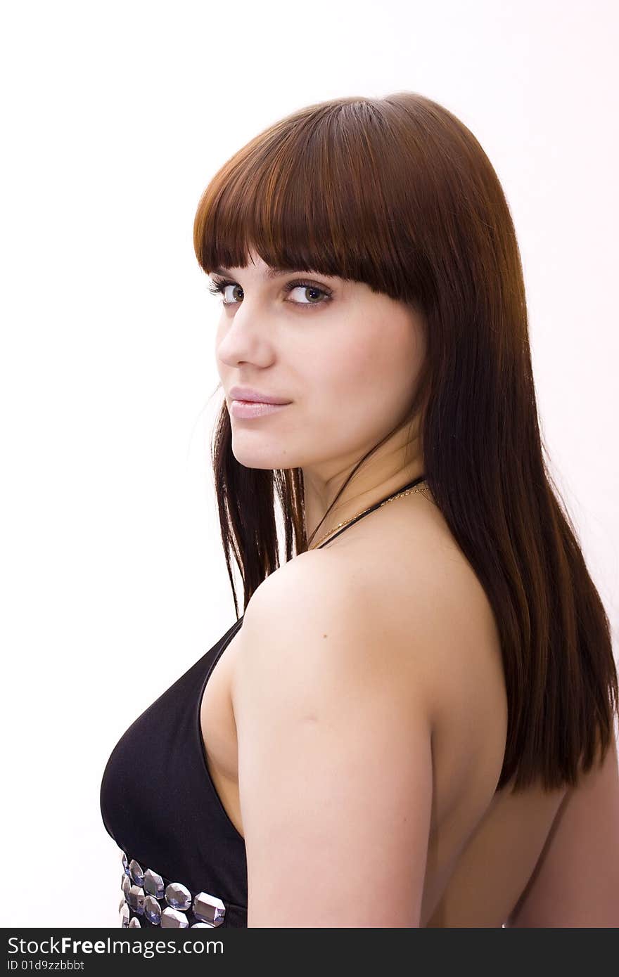 Young beautiful girl with brown hairs on white background. Young beautiful girl with brown hairs on white background