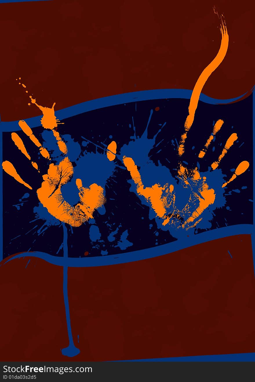 Orange imprints of hands on the  dark background. Orange imprints of hands on the  dark background