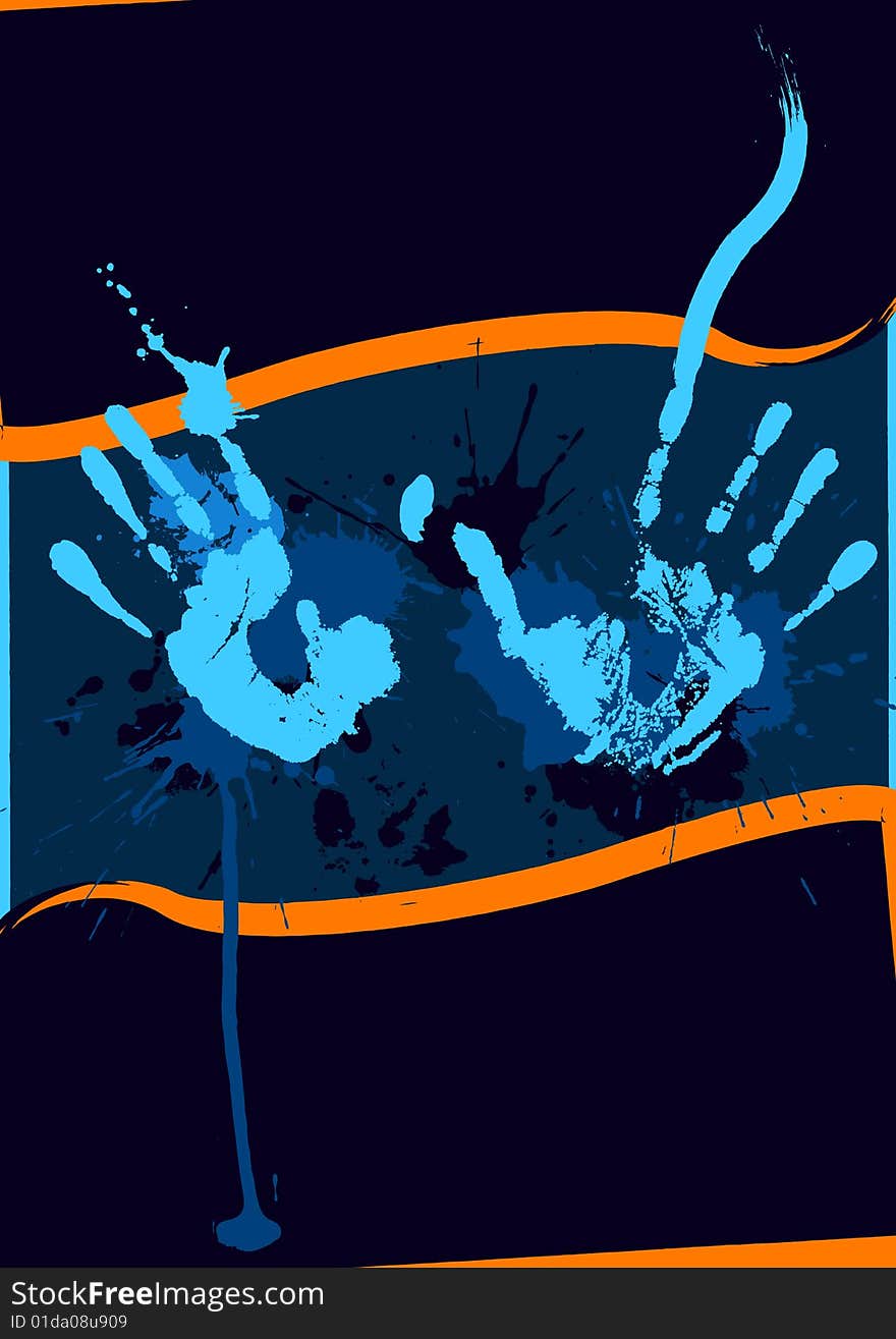 Blue imprints of hands on the  dark background. Blue imprints of hands on the  dark background