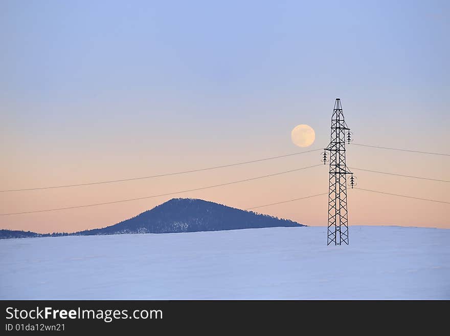 Electric long distance line on the snow