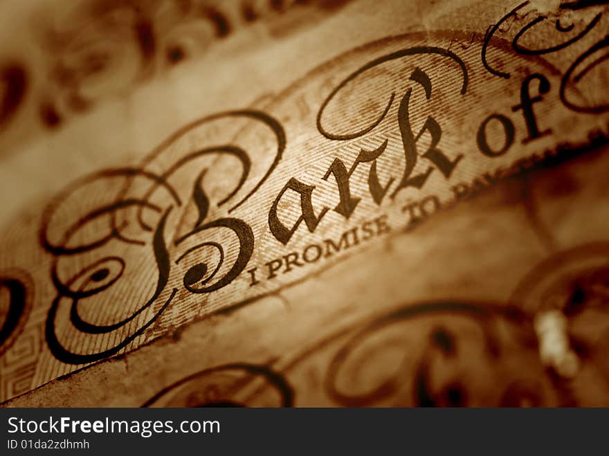 Macro of the word BANK, on a banknote. Macro of the word BANK, on a banknote