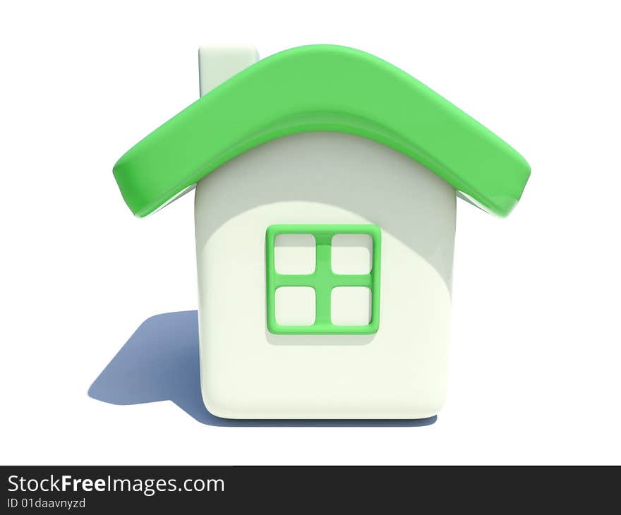 A simple 3d house with one window and green roof on white background. A simple 3d house with one window and green roof on white background