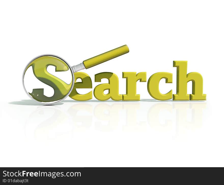 Yellow 3D word search with shadow, reflection and magnifying glass on white background. Yellow 3D word search with shadow, reflection and magnifying glass on white background