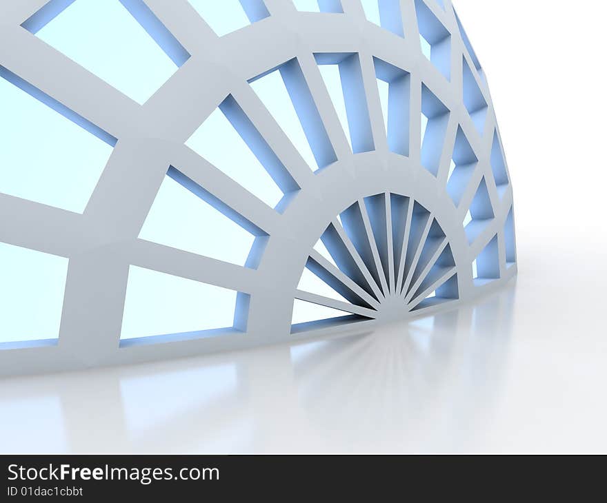 Outer view of dome with multiples blue windows with reflection on the floor. Outer view of dome with multiples blue windows with reflection on the floor