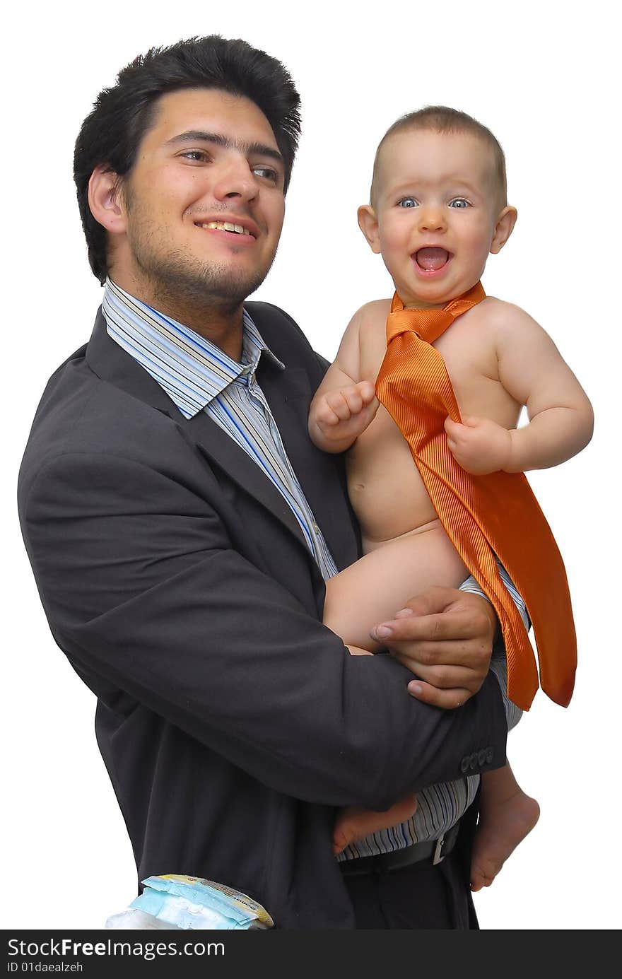 Young man holding his baby, isolated against a white background. Young man holding his baby, isolated against a white background