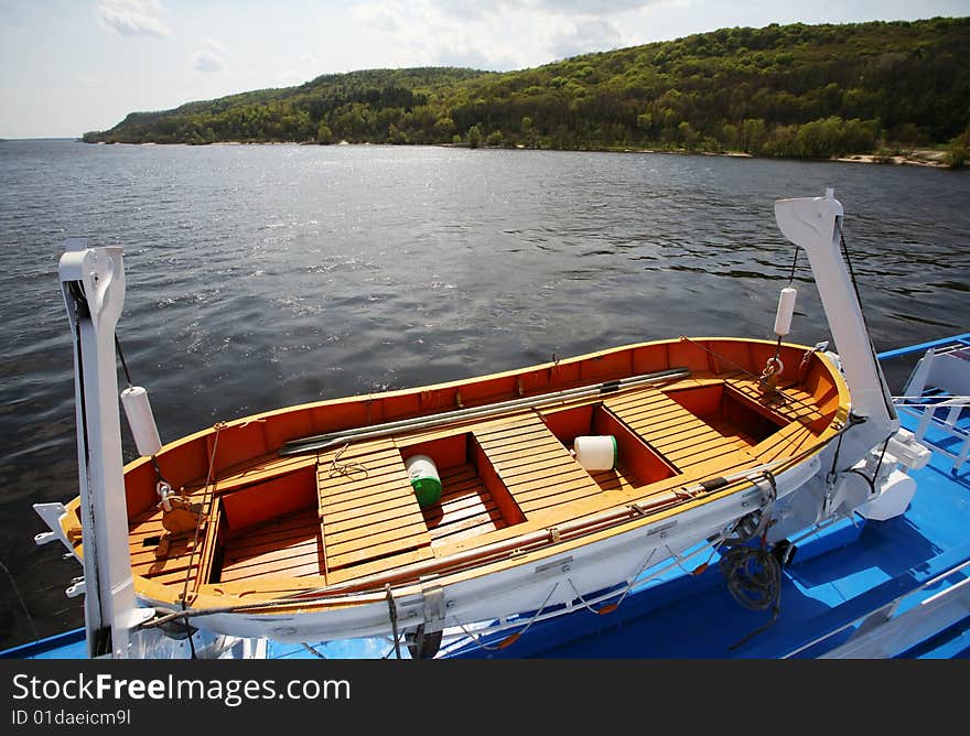 Boat on ship on river Dnieper in Ukraine