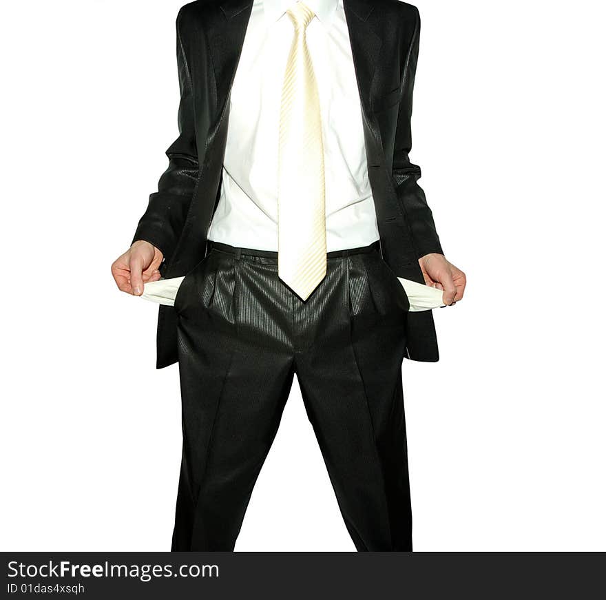 Businessman with empty pockets on white