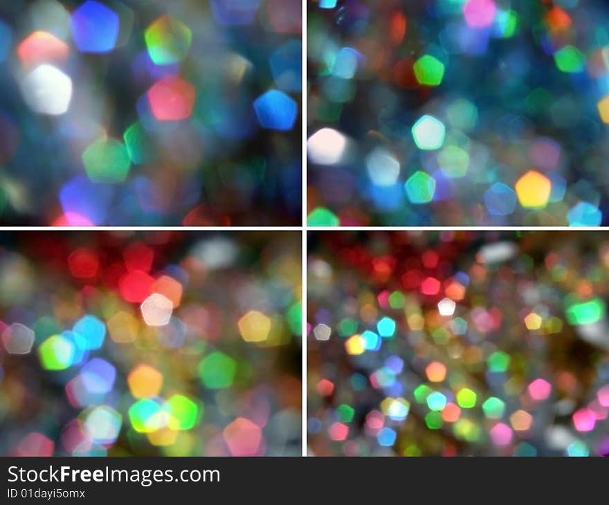 A collage made from four distinct photos of an over-zoomed Christmas garland tinsel. Each light sparkle is pentagon shaped because of the lenses and it is reflecting a different frequency of the light spectrum. A collage made from four distinct photos of an over-zoomed Christmas garland tinsel. Each light sparkle is pentagon shaped because of the lenses and it is reflecting a different frequency of the light spectrum.