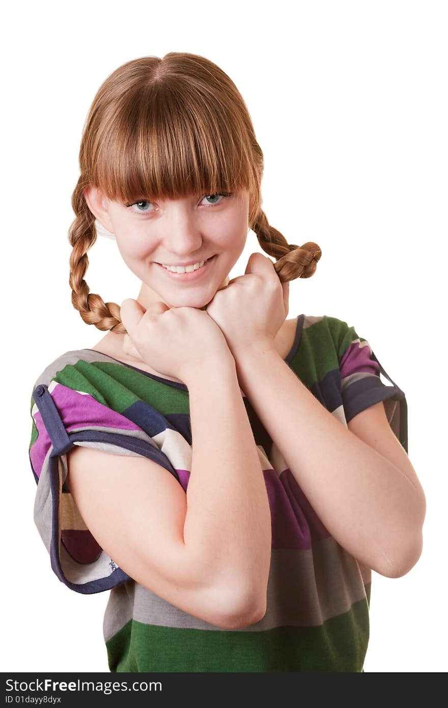 Young smiling girl holding plaits. Young smiling girl holding plaits