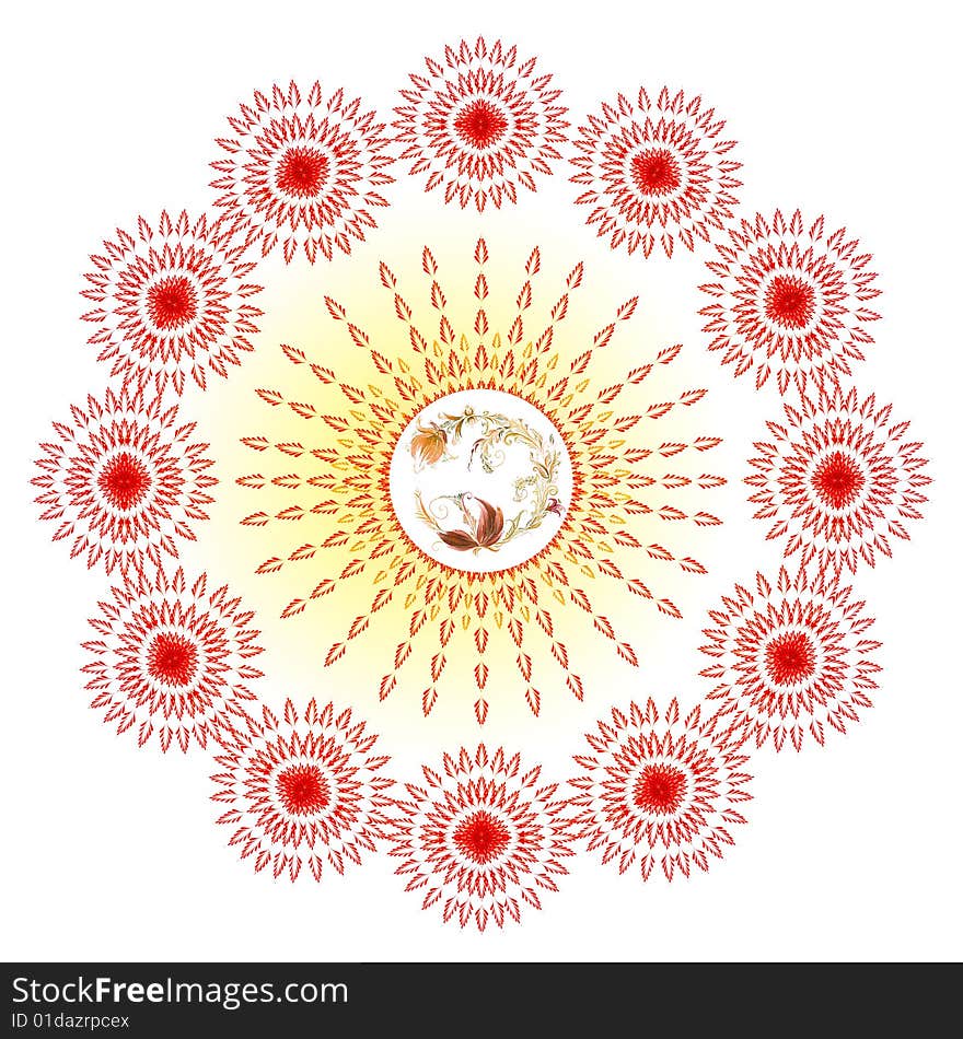 A sun circular pattern is in folk style. A sun circular pattern is in folk style