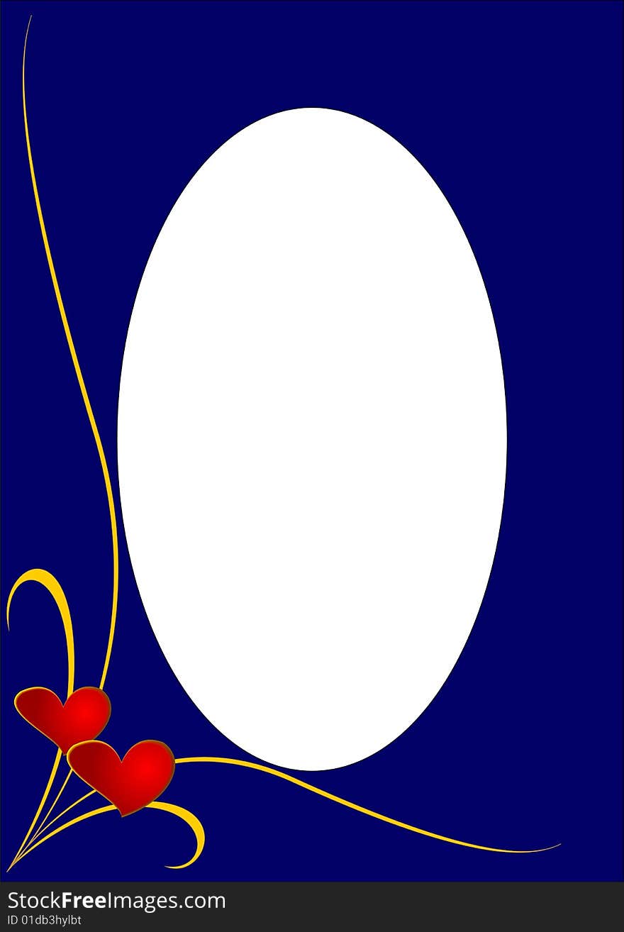 Two red hearts on dark blue background. White oval space for a photo, text, etc. Two red hearts on dark blue background. White oval space for a photo, text, etc.