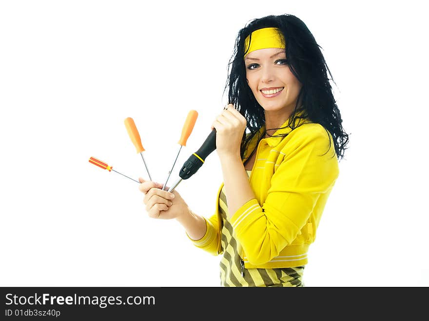 Brunette woman  with screwdrivers