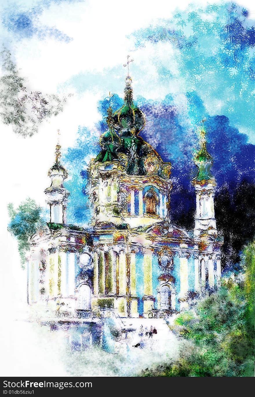 An andreevskaya church is in Kiev, treatment is a fotoshop imitation of crayoning