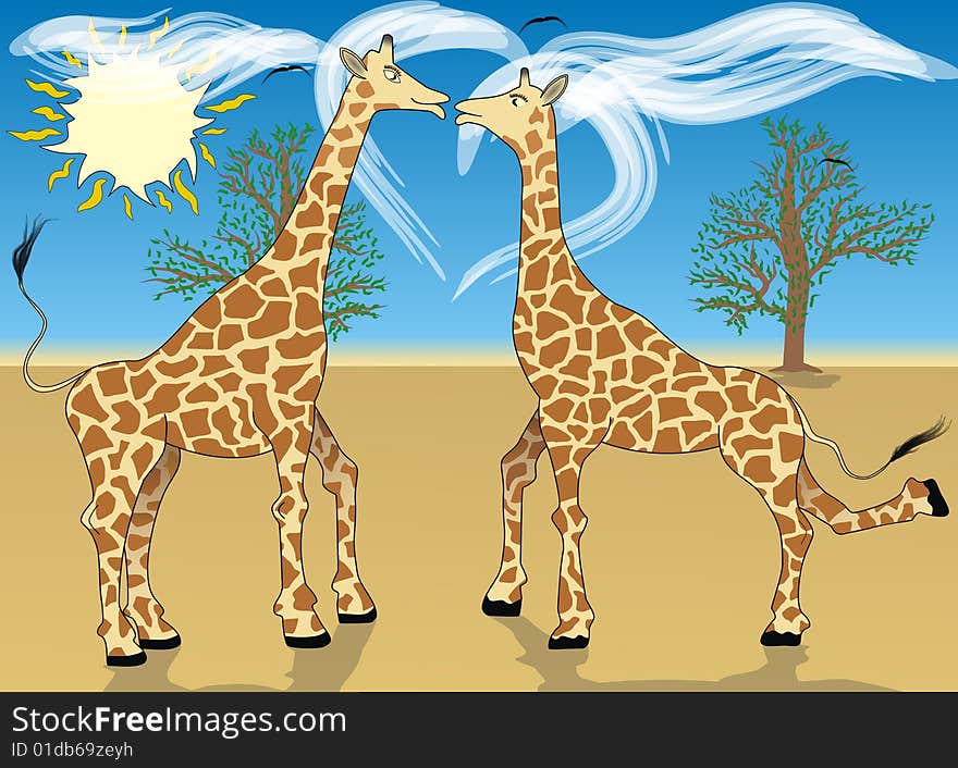 Loving giraffes on background beautiful sky, expressed in the manner of heart