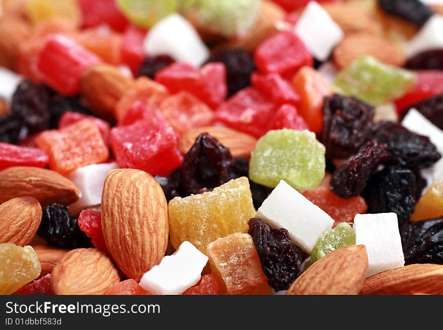 Dried fruits and nuts collection close up selective focus