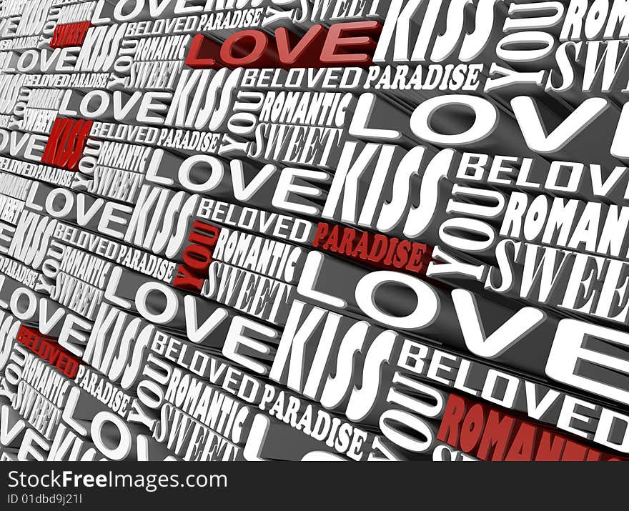 The words of love and romantic are in a 3d image