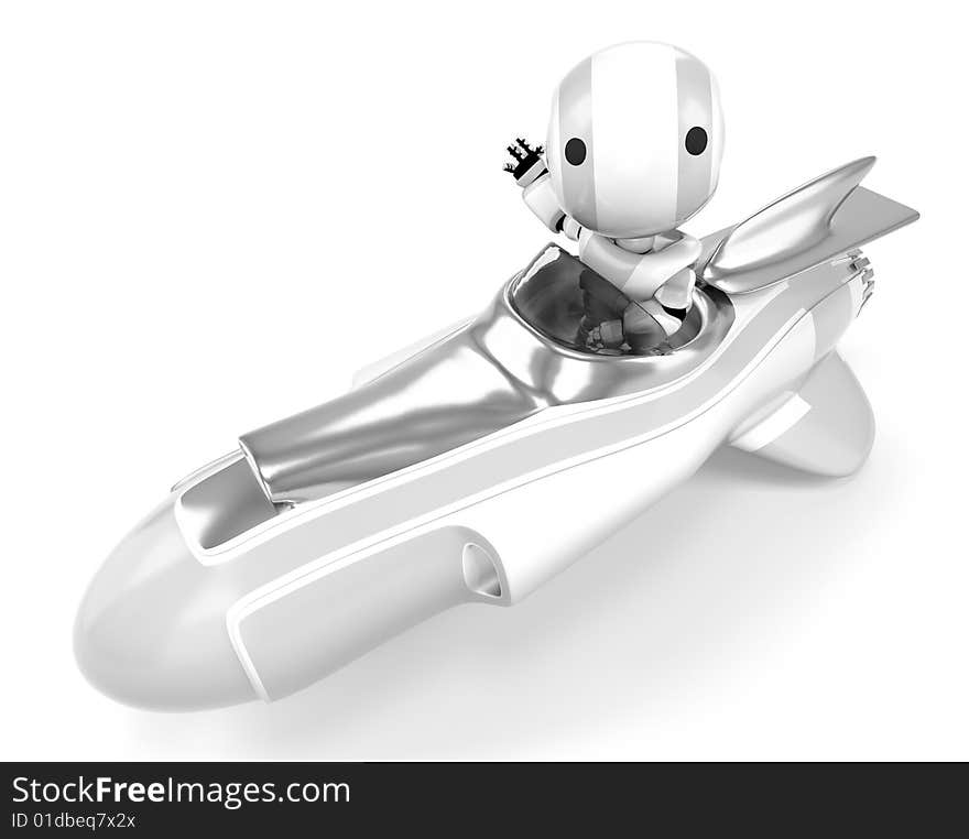 A robot in a hover rocket waving at the viewer viewed from the side. A robot in a hover rocket waving at the viewer viewed from the side.