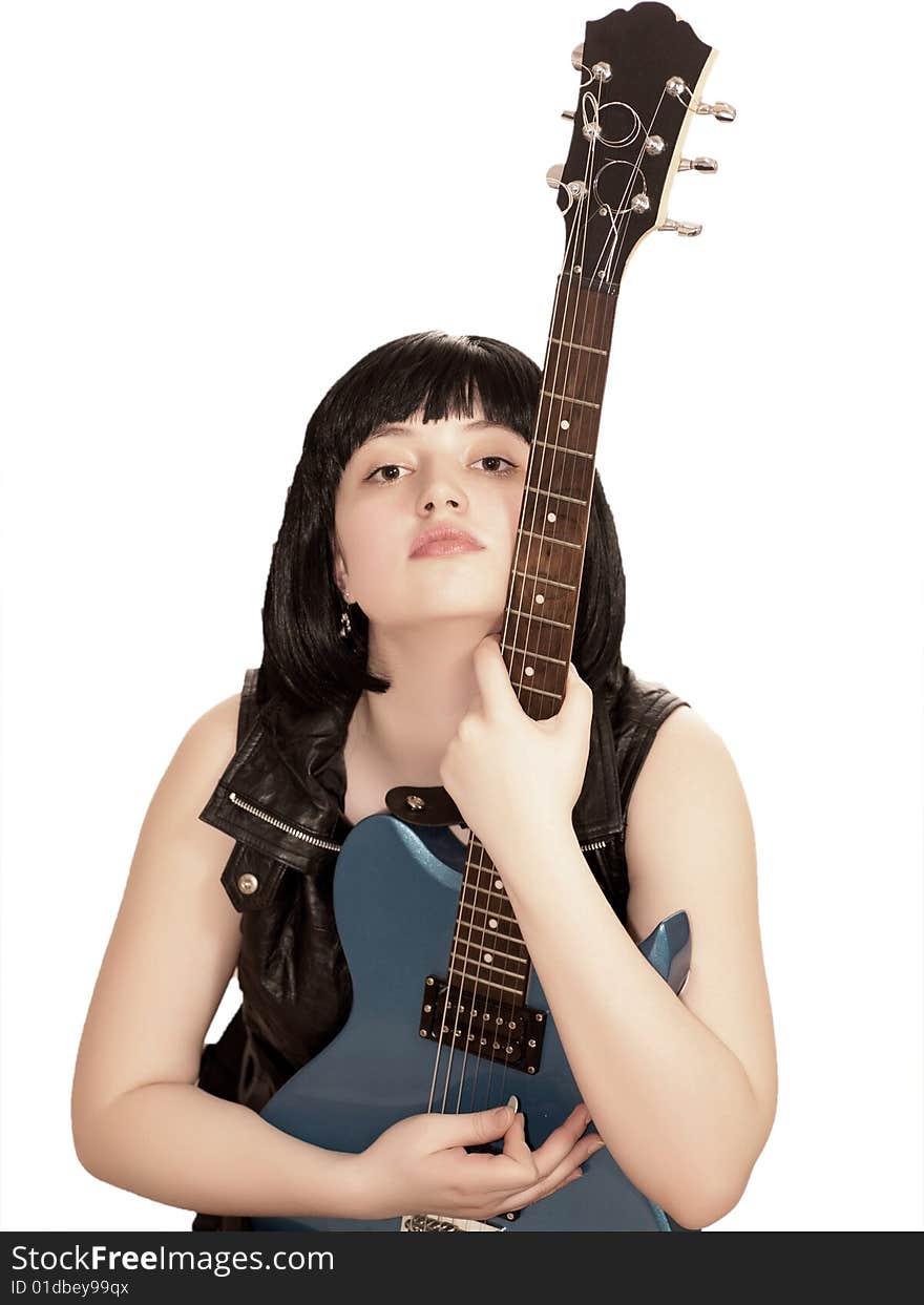 Young woman with electric guitar, isolated on white