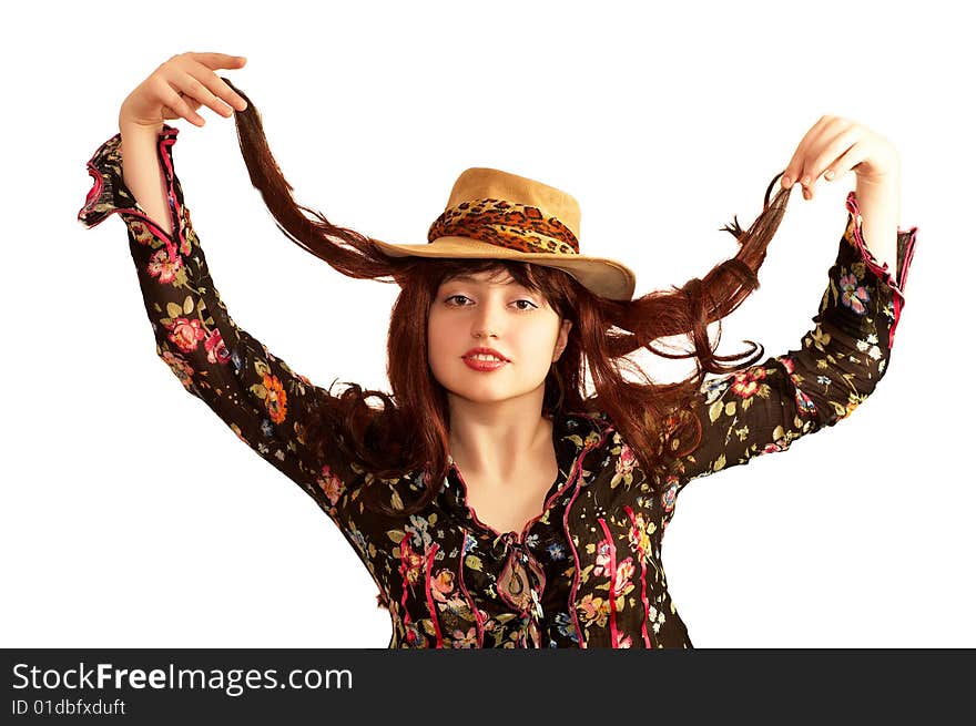 Young sensual woman in a hat, isolated