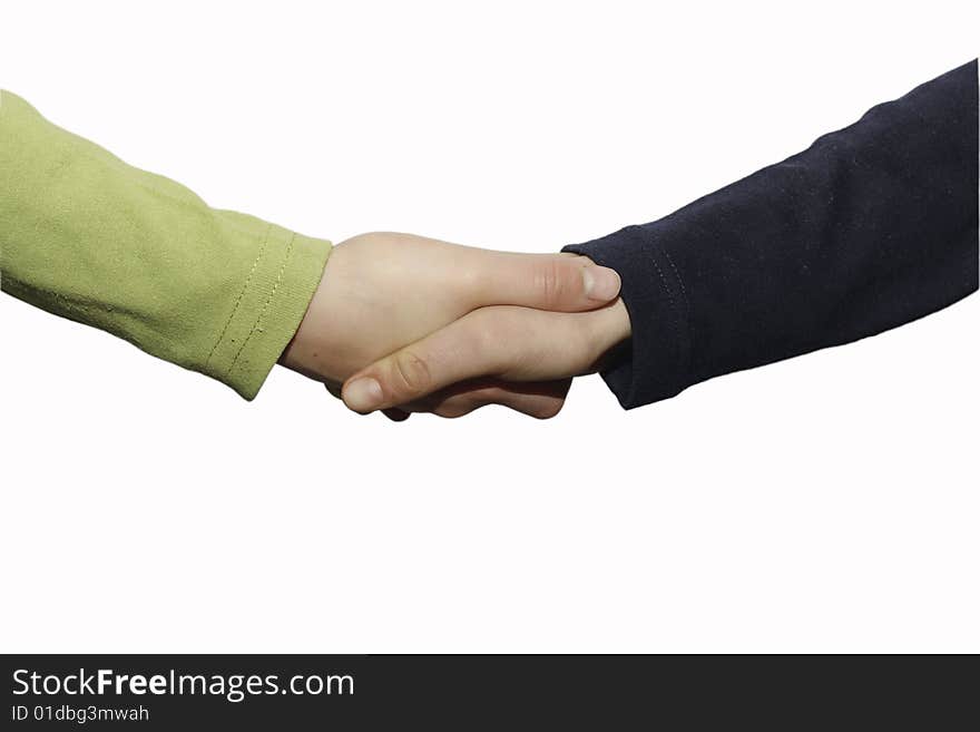 Schoolboys shaking hands in white