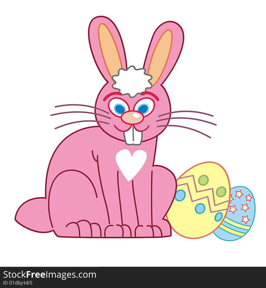 Easter Bunny sitting near easter eggs, simplified.