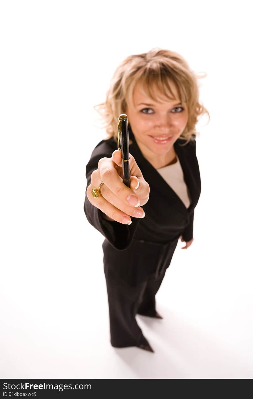 Portrait of attractive smiling businesswoman over white background