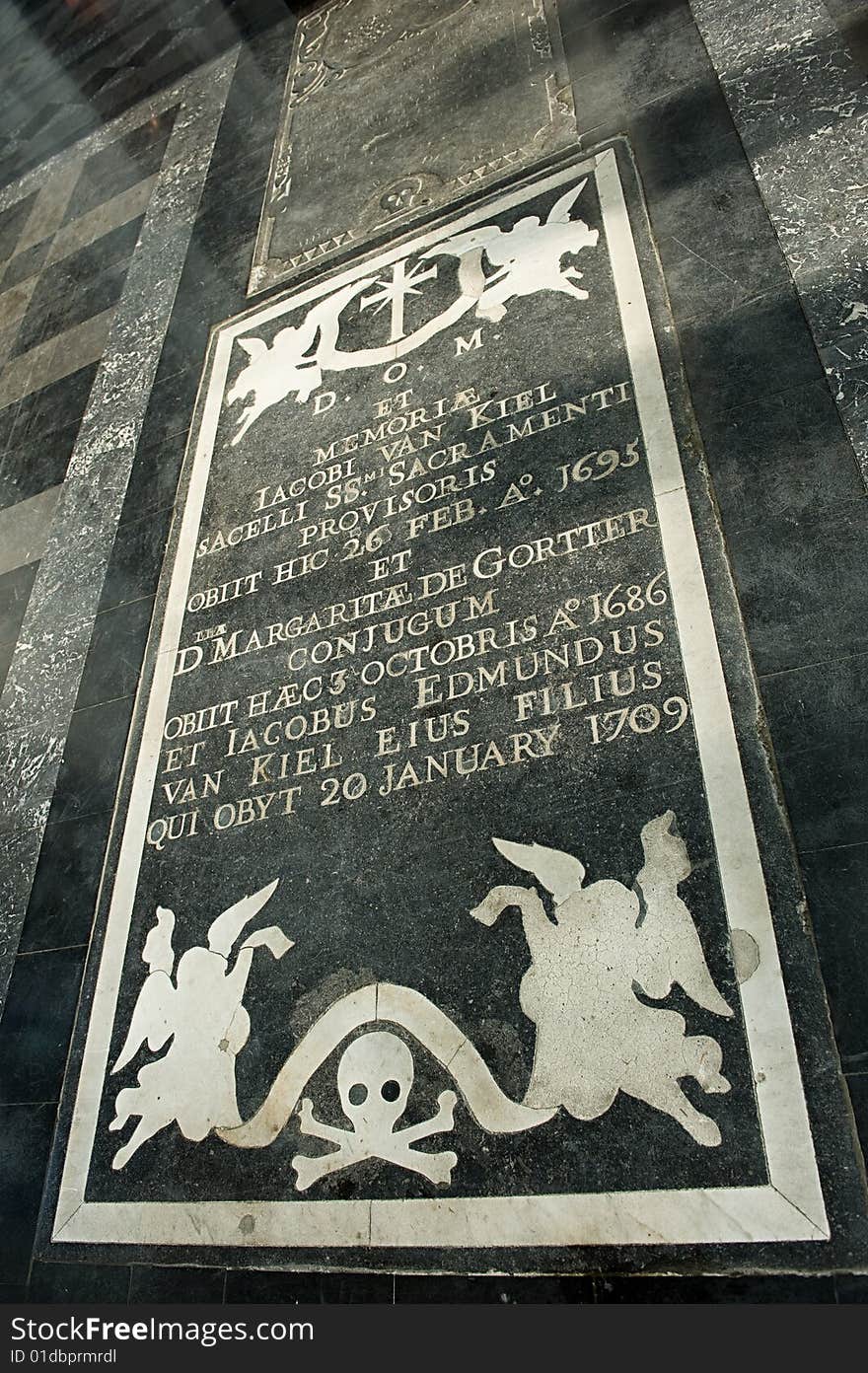 A 17th century grave in the floor of a church. A 17th century grave in the floor of a church