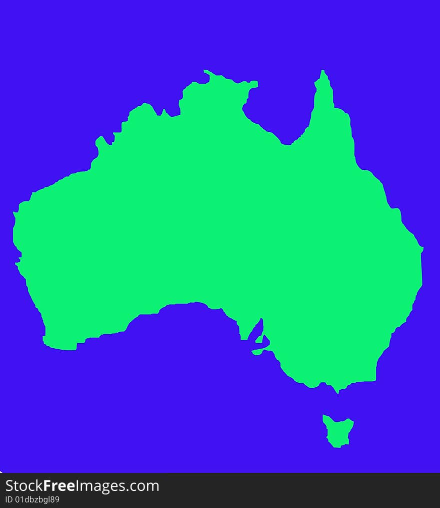 Outline map of Australia and Tasmania in green, isolated on blue background.