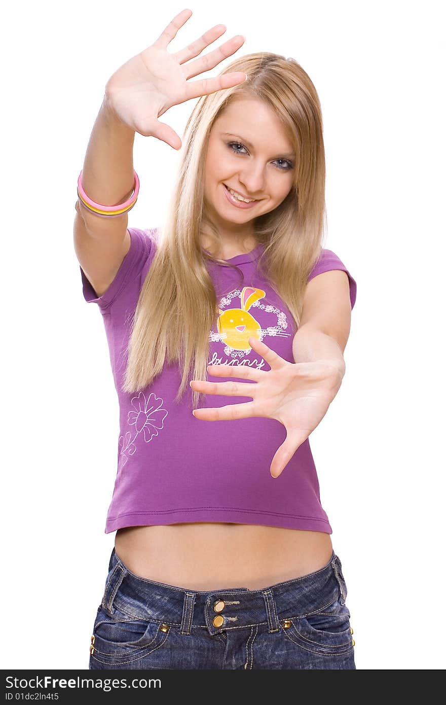 Smiling young woman posing on a white background