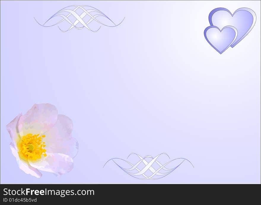 Two hearts and pink flower on a pale lilac background. Two hearts and pink flower on a pale lilac background.