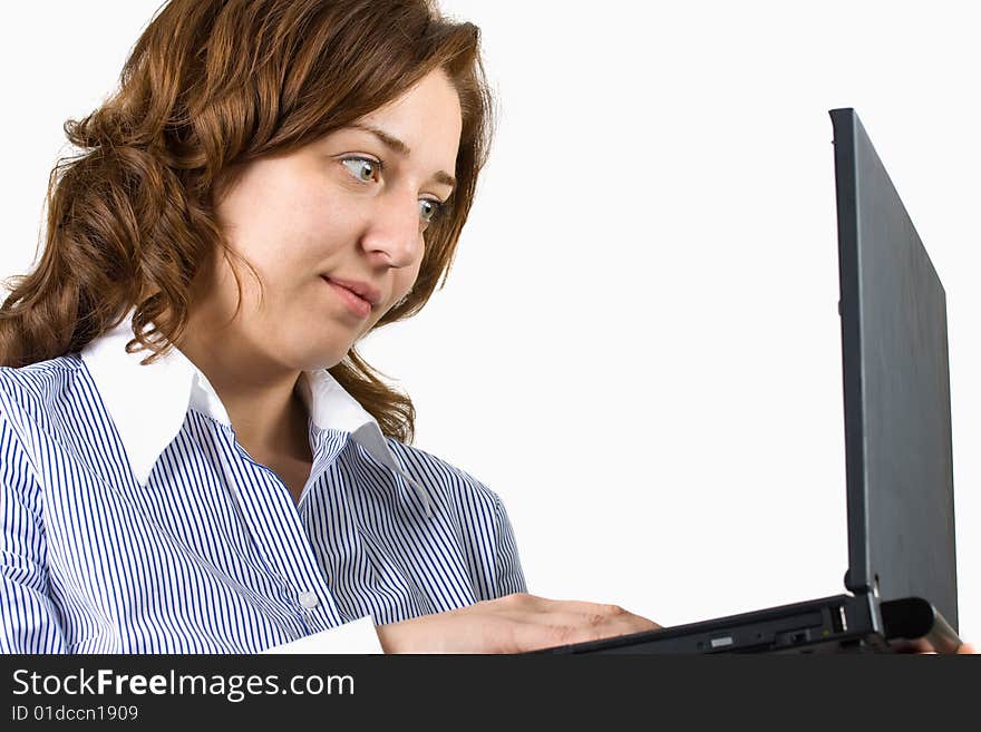 Business woman working on laptop, over white background