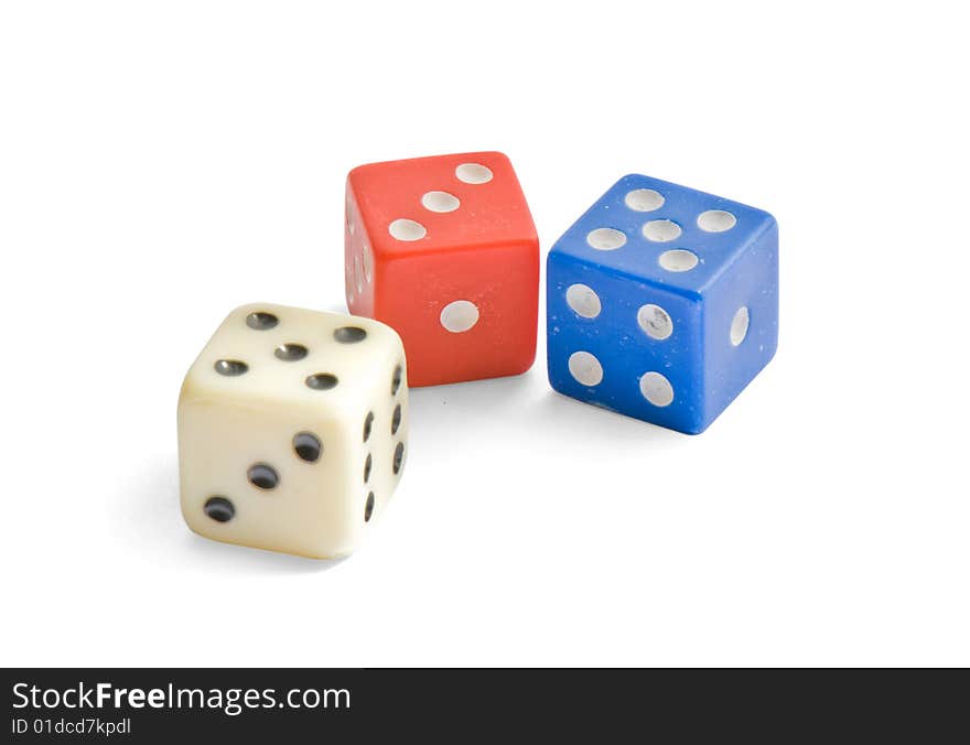 Multicolor dice close up isolated on white background (with clipping path)