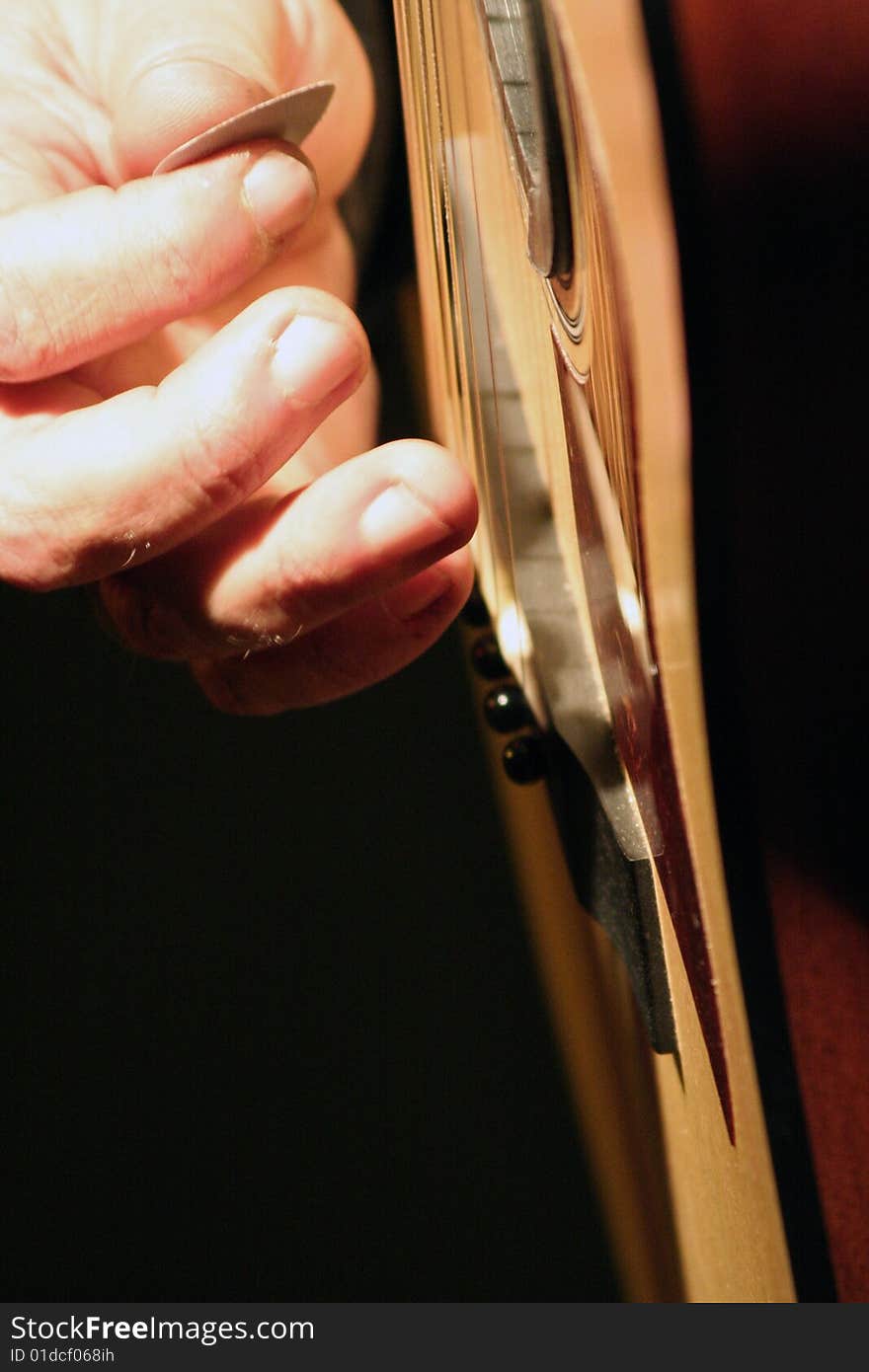 Close up of a hand playing guitar