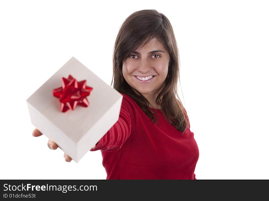 Beautiful young woman with valentine present box