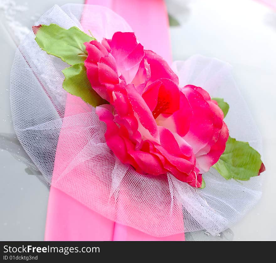 Wedding Decoration On Black Limousine Car.