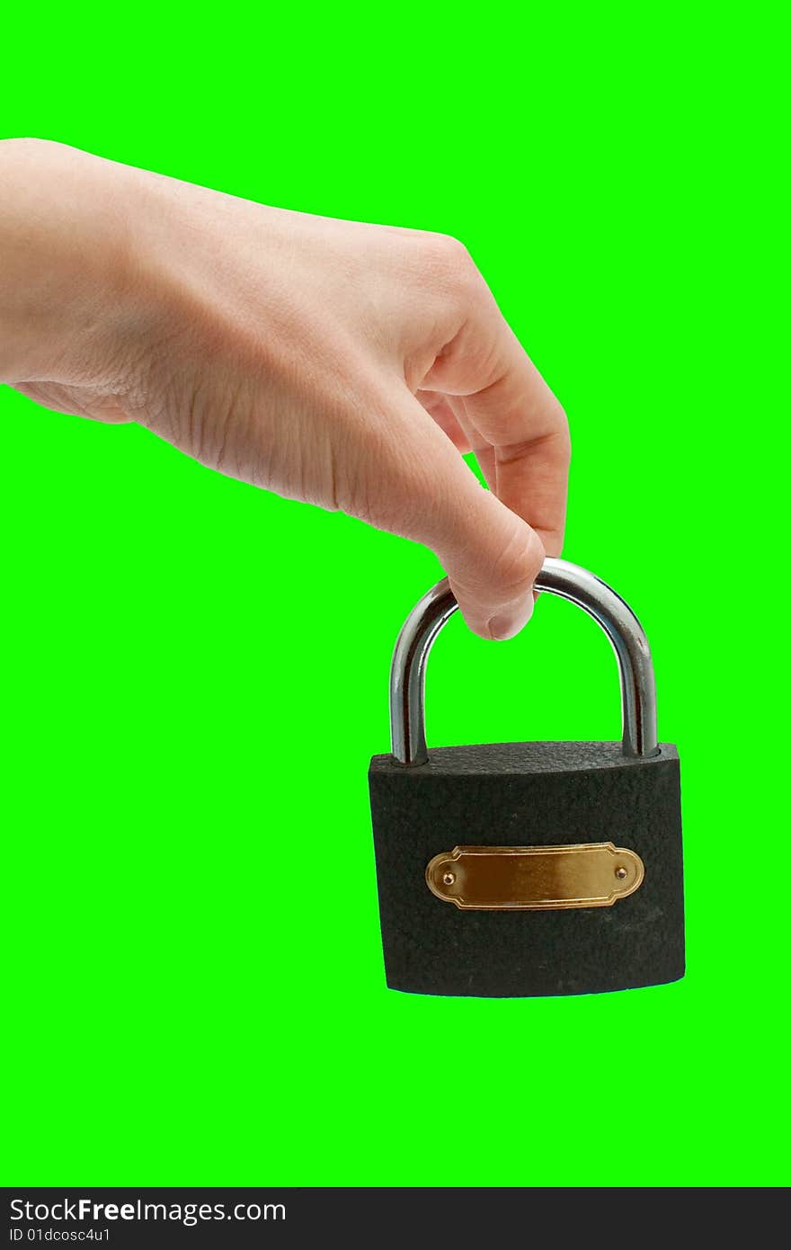 Hand with the lock on a green background. Hand with the lock on a green background