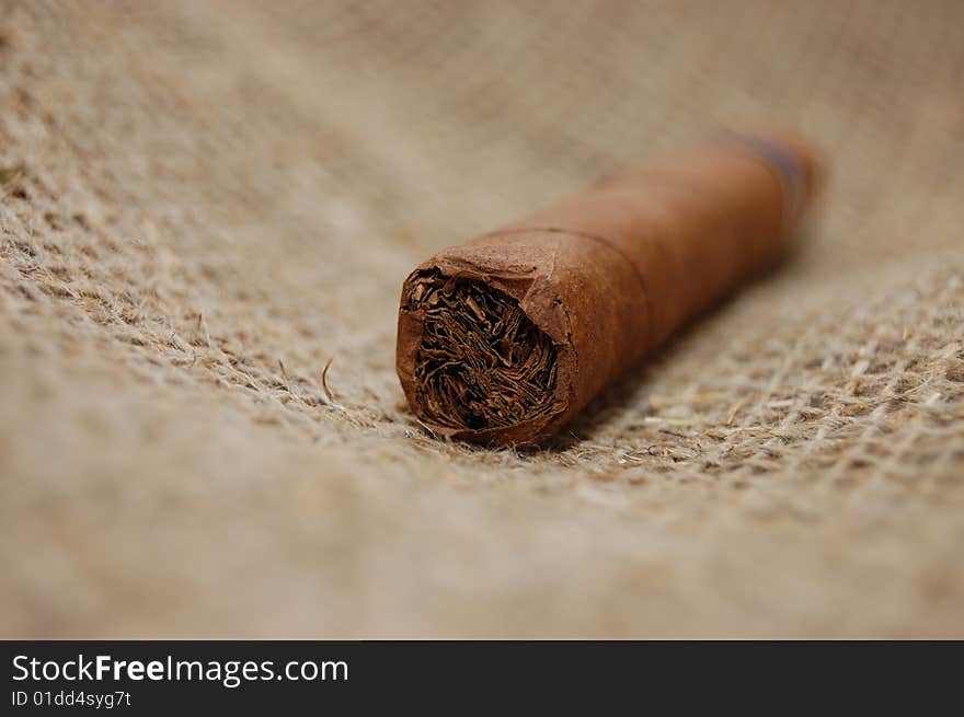 Cuban cigar on the hessian canvas