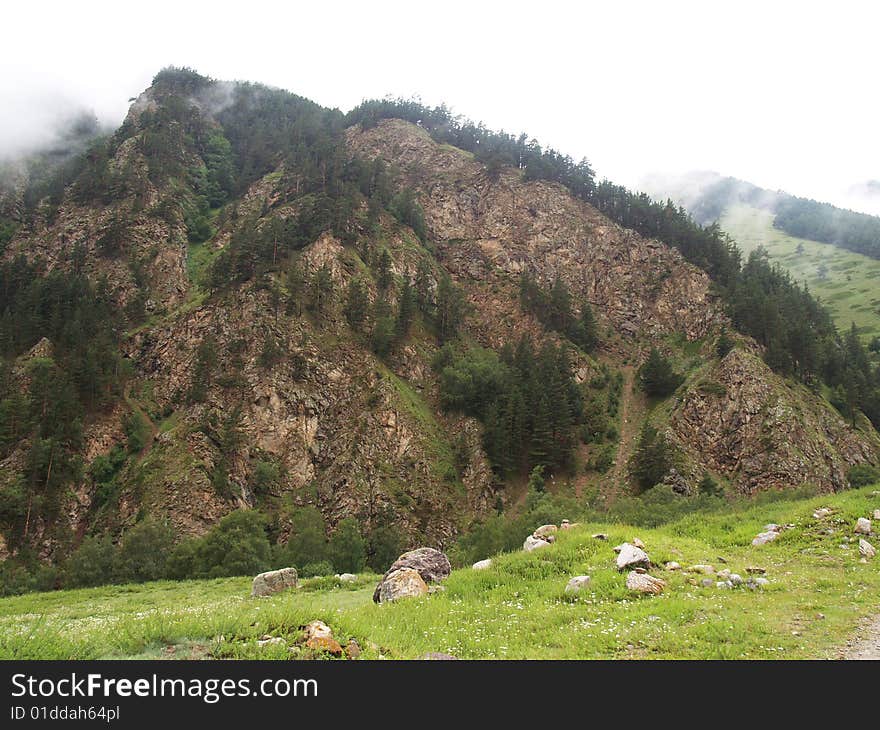 Photo. Mountain. Rocks. Wood, growing on rocks. Cloudy skies. Photo. Mountain. Rocks. Wood, growing on rocks. Cloudy skies.