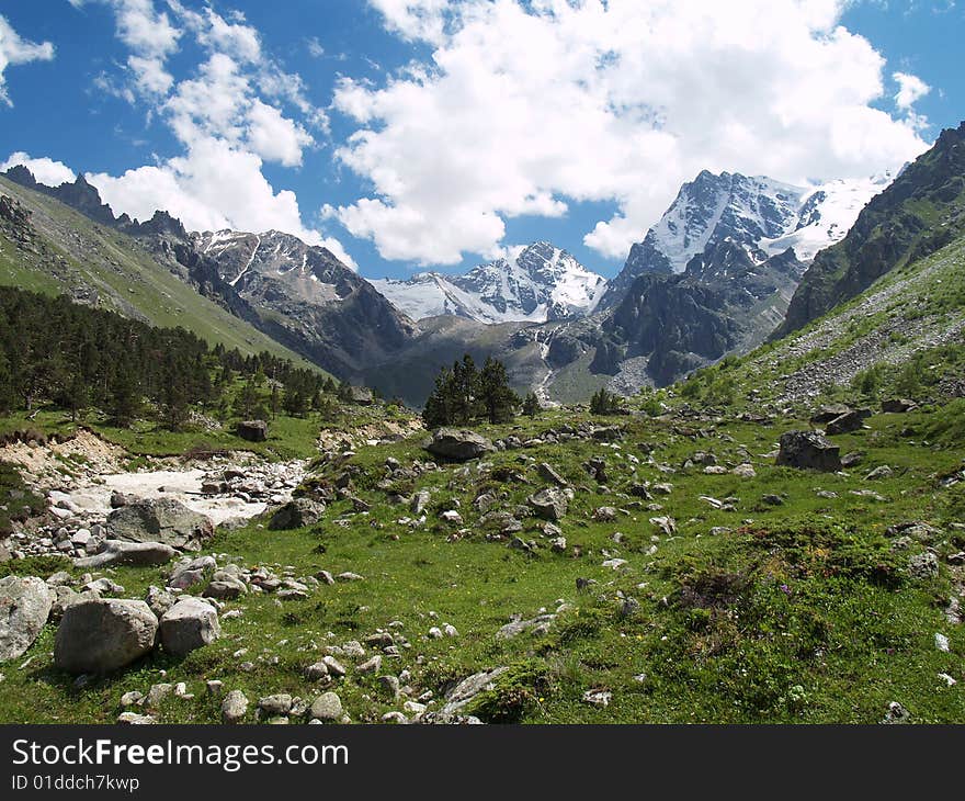 The valley of a mountain river, forest, grass, blue sky and clouds