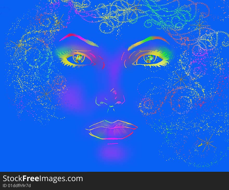 Multi colored face on blue background