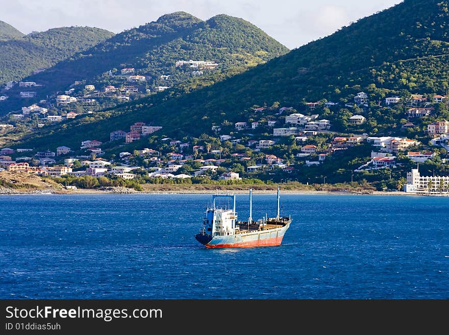 Tanker Ship Into Tropical Island