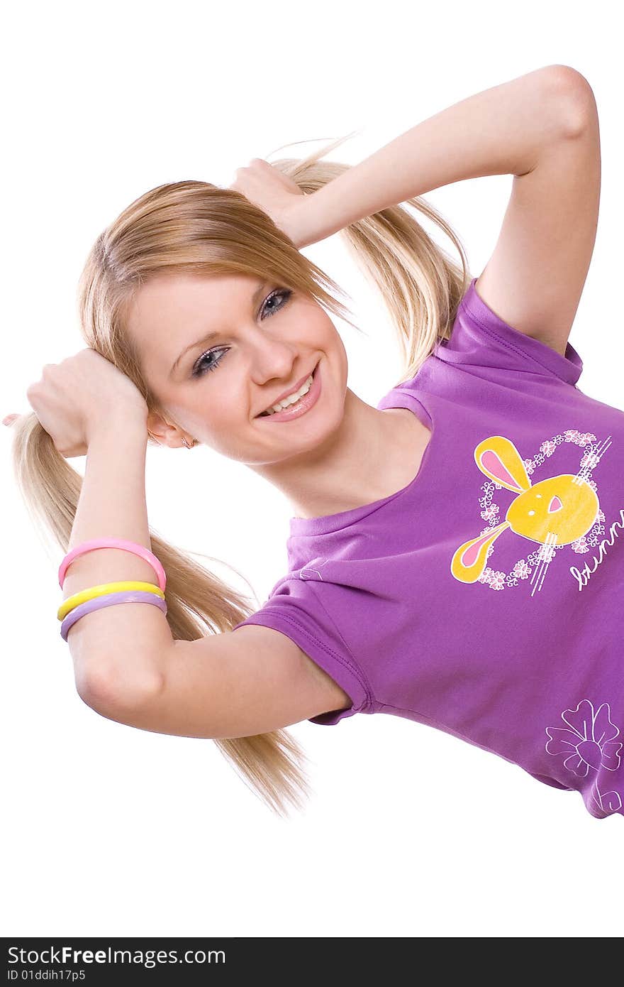 Playful young woman on a white background