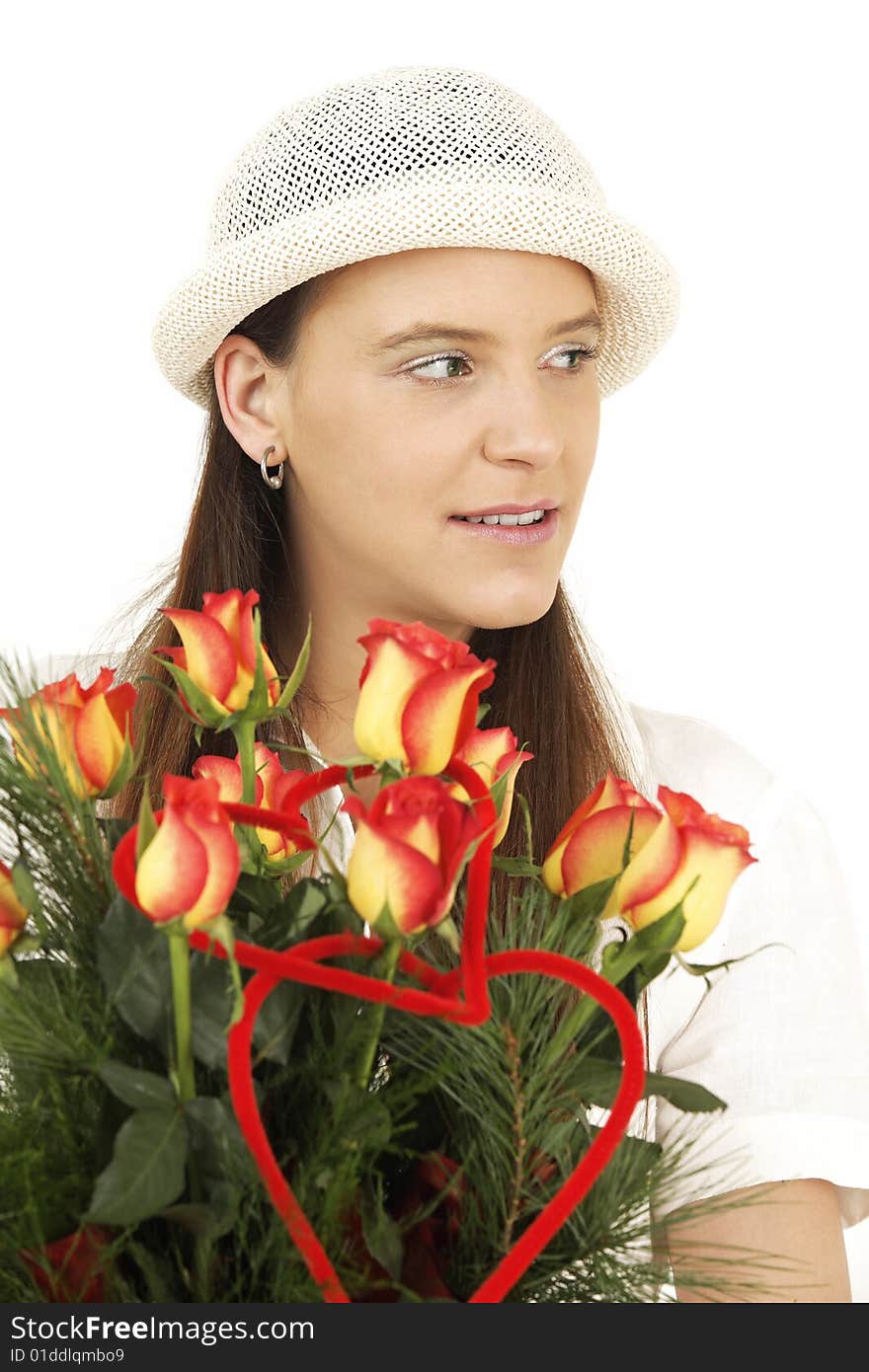 Woman keeps flowers and smiles