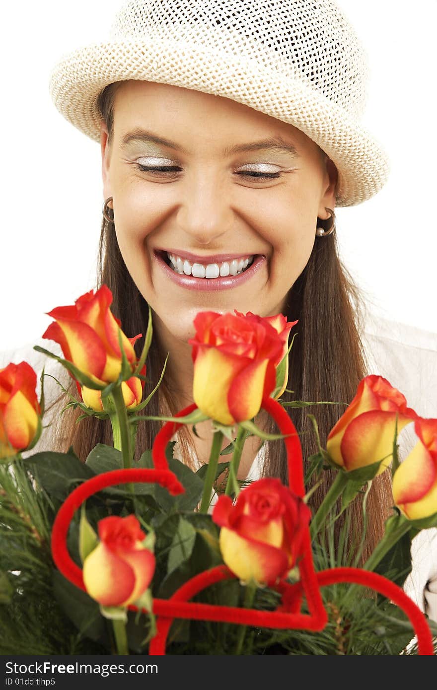 Young girl is suprised by flowers. Young girl is suprised by flowers