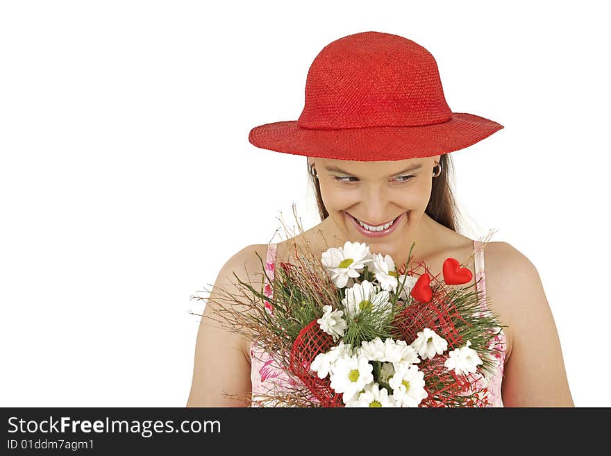 Young girl holds flowers isolated in white background. Young girl holds flowers isolated in white background