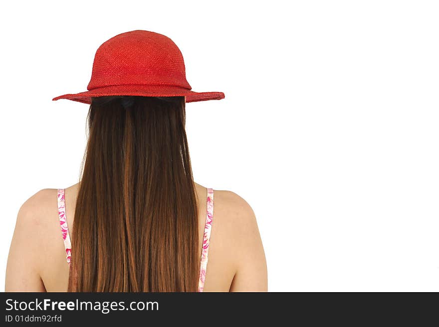 Brunette in red hat rear view isolated with copy space