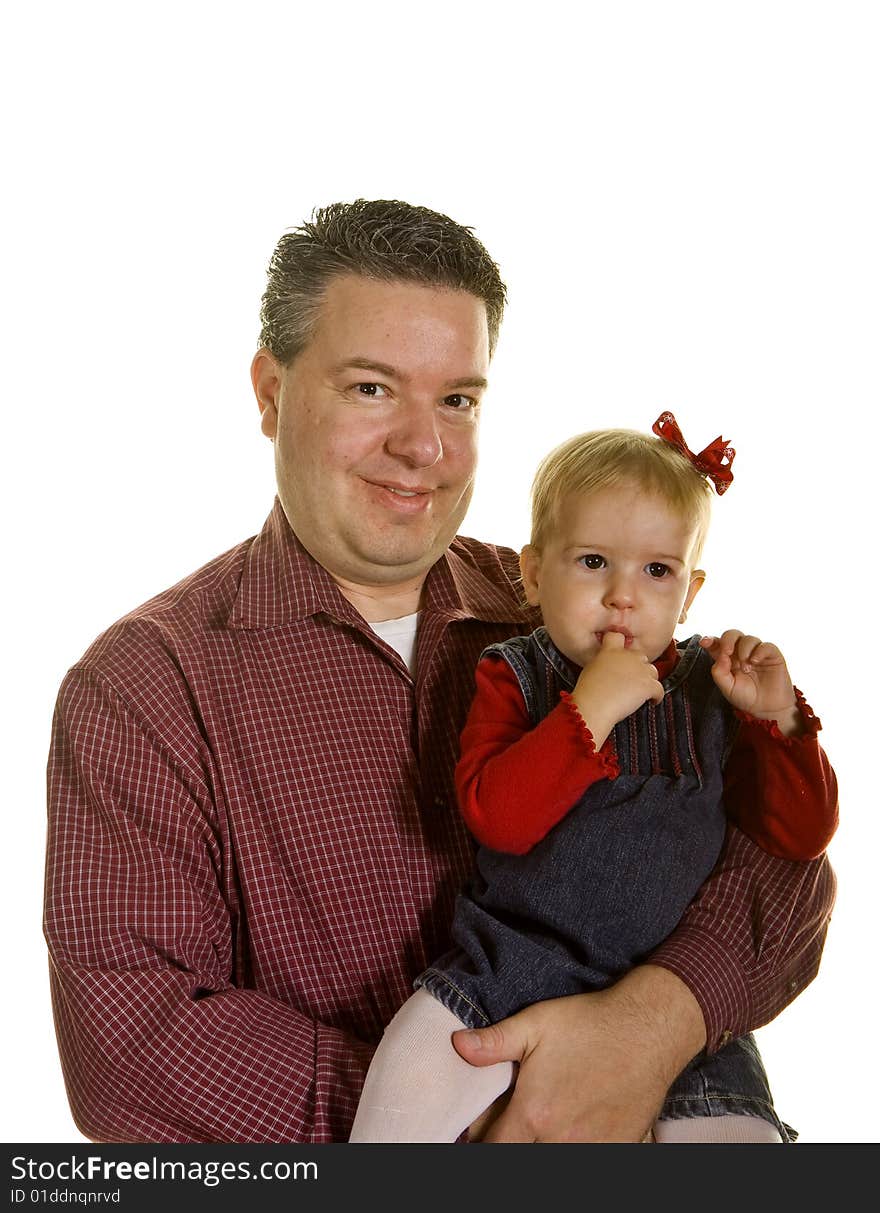 A proud father holding his young daughter on white background. A proud father holding his young daughter on white background