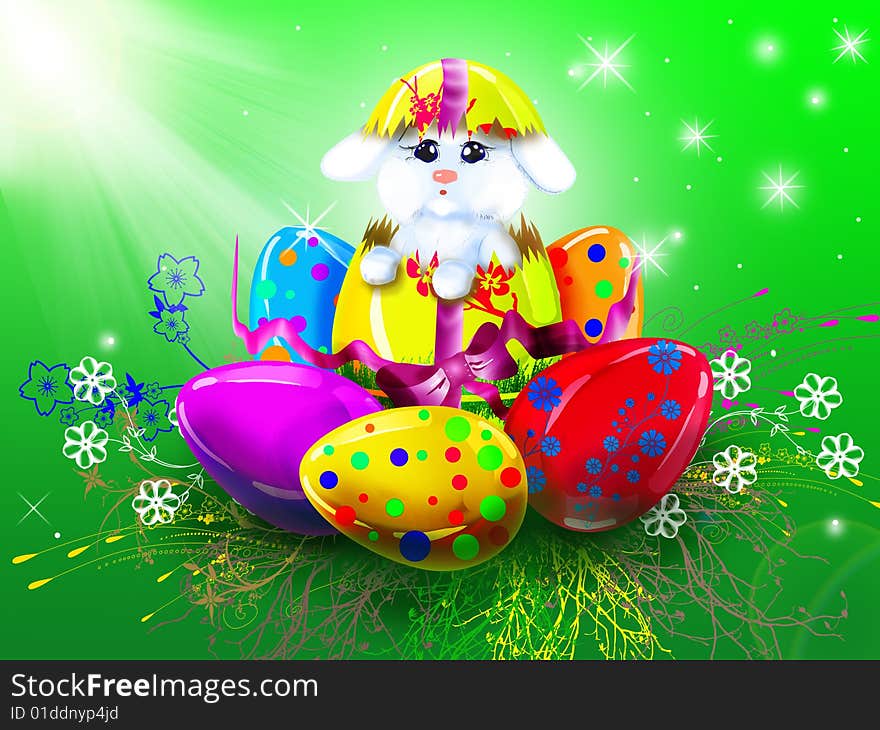 Easter illustrarion of nest with newborn bunny