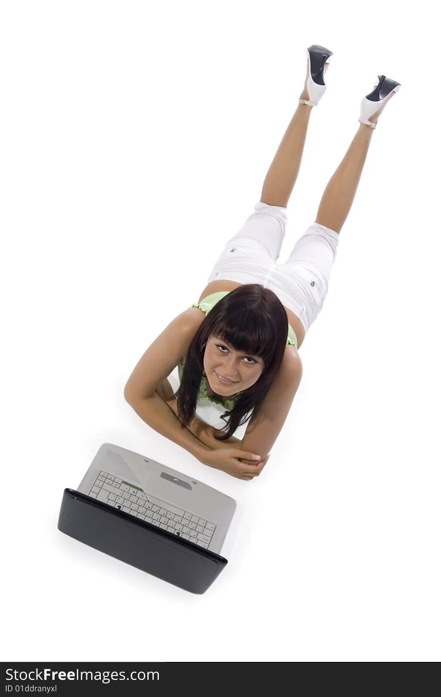 Smiley woman with notebook lying on white background. Smiley woman with notebook lying on white background