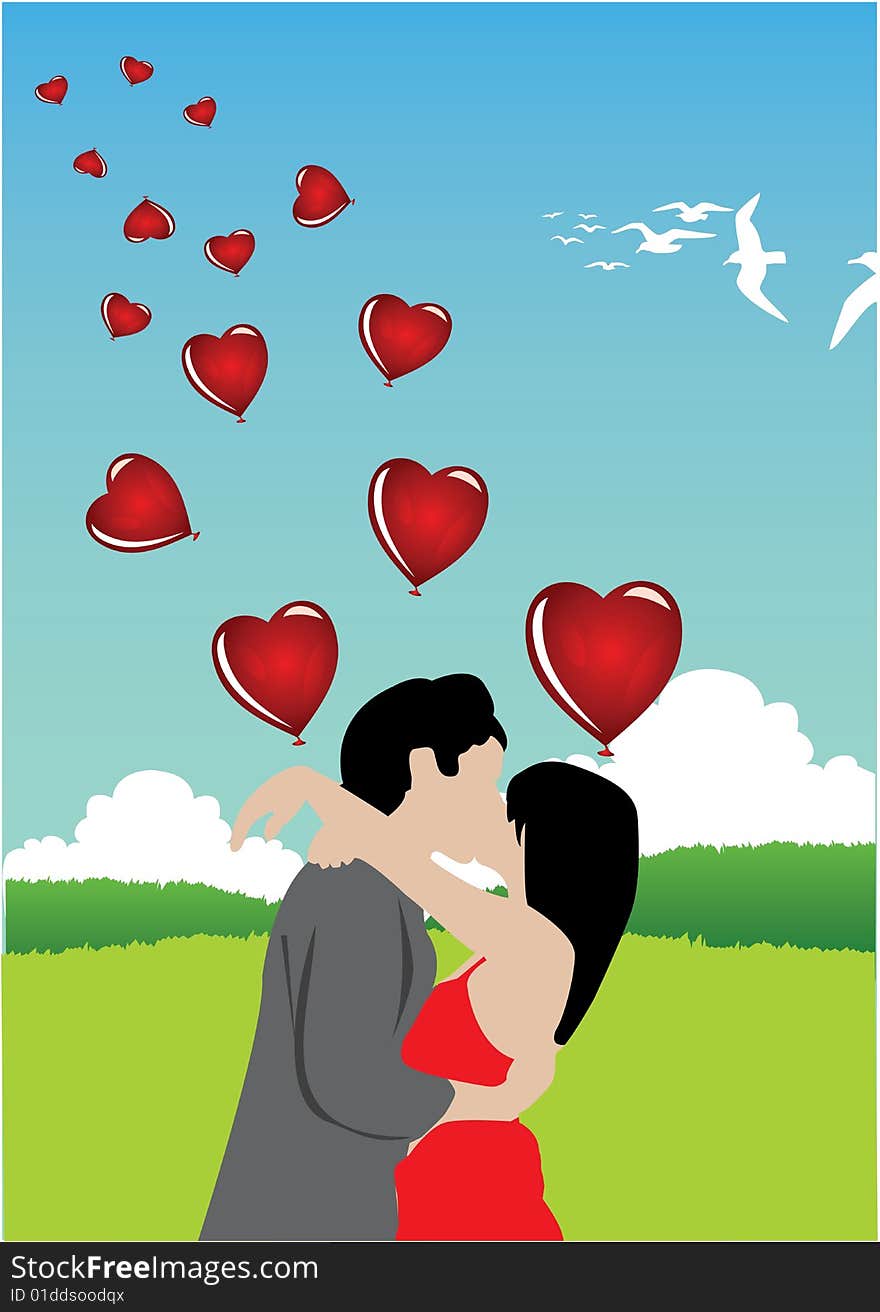 Vector illustration of couple people kiss and fly birds. Vector illustration of couple people kiss and fly birds